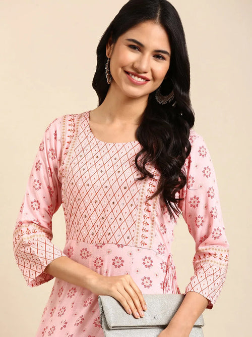 Women's Pink Printed Anarkali Kurta-AT-A-493-Pink