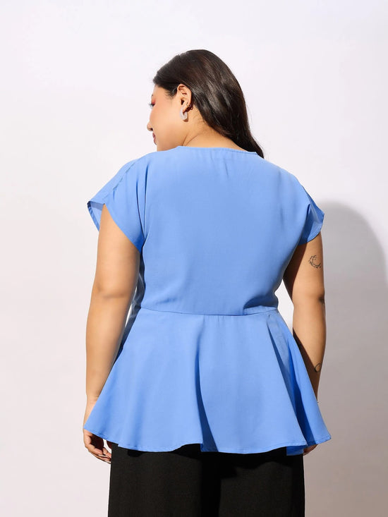 Women Blue Front Knot Peplum Top