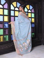 Sky Blue Cotton Saree With Zari Borders-MA64BCT401190046