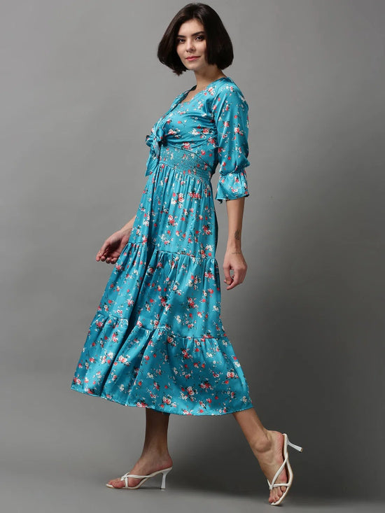 Women's Blue Printed Fit and Flare Dress-AE-15619-Turquoiseblue