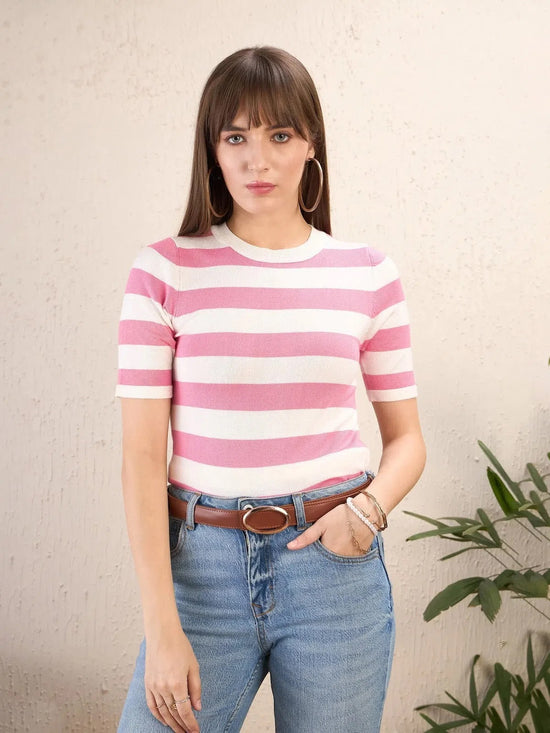 Women Pink & White Striped Acrylic Top