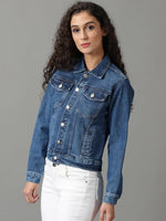 Women's Navy Blue Solid Denim Jacket-GZ-5502-Navyblue