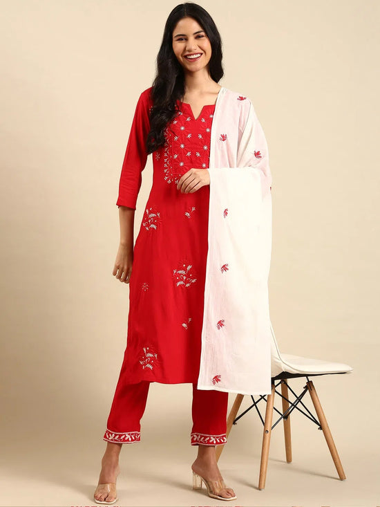 Women's Red Embroidered Kurta Set-FS-174-Red