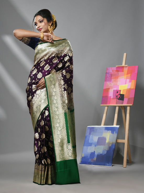 Wine Silk Banarasi Saree With Damask Motifs And Woven Degins-MA52BSL441050094