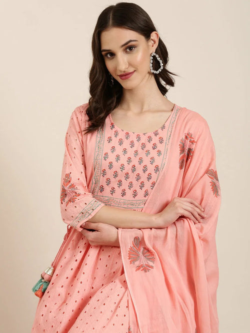 Women Peach Floral Kurta Set-RF-001-Peach