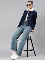 Women Navy Blue Solid Denim Jacket-LT-10538-Navyblue