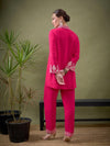 Women Fuchsia Collar And Sleeve Embroidered Shirt With Palazzos