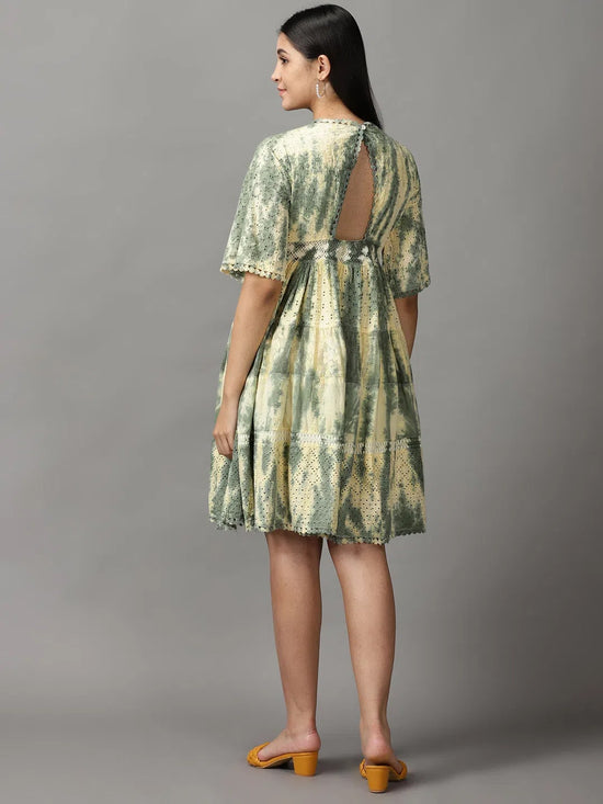 Women's Green Tie Dye Fit and Flare Dress-GW-3290-Olive