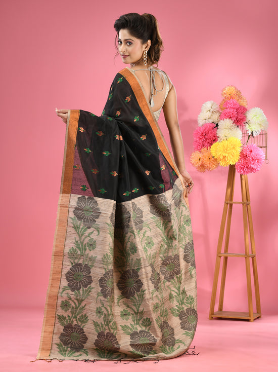 Black Cotton Blend Handwoven Saree With Jute Weaving Pallu-MA51BCT431930032