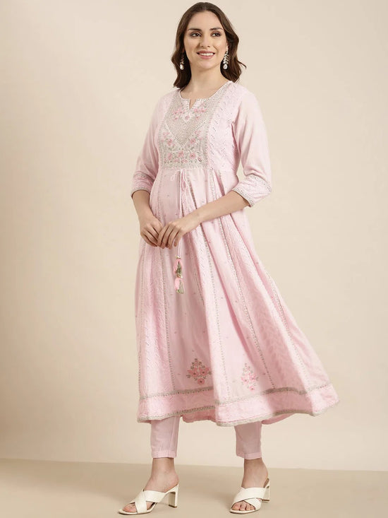 Women Anarkali Pink Floral Kurta and Trousers Set Comes With Dupatta-RJF-2197-Pink