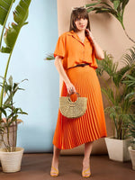 Women Orange Comfort Fit Crop Shirt With Skirt