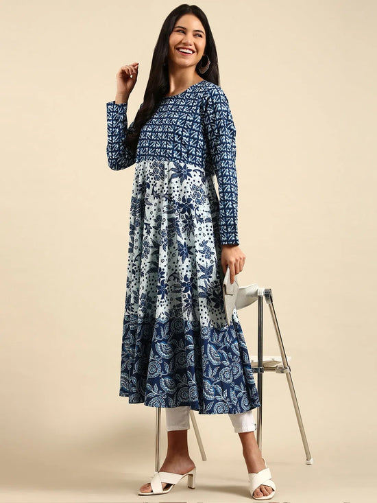 Women's Navy Blue Printed Anarkali Kurta-ON-600-Navyblue