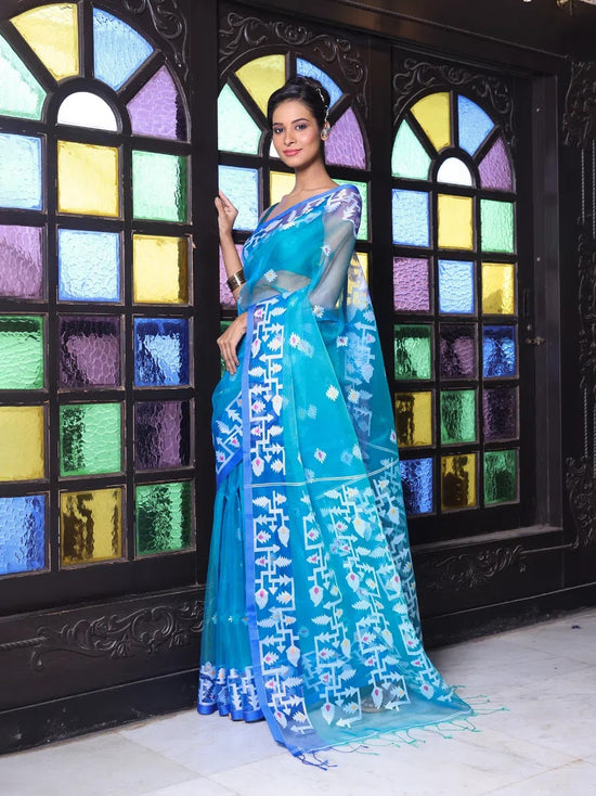 Turquoise Muslin Saree With Jamdani Designs-MA64MS401190015