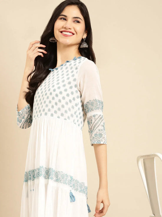 Women's White Printed A-Line Kurta-ON-549-Whiteblue