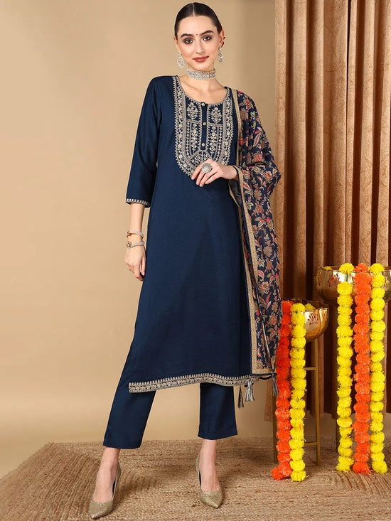 Ahika Women Navy Blue Silk Blend Solid Yoke Design Kurta Trouser With Dupatta