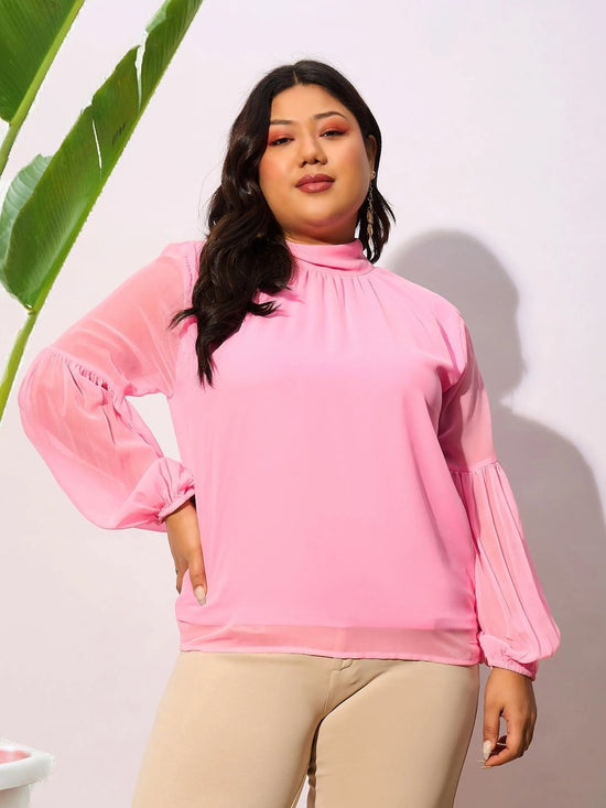 Women Pink Balloon Sleeves Top