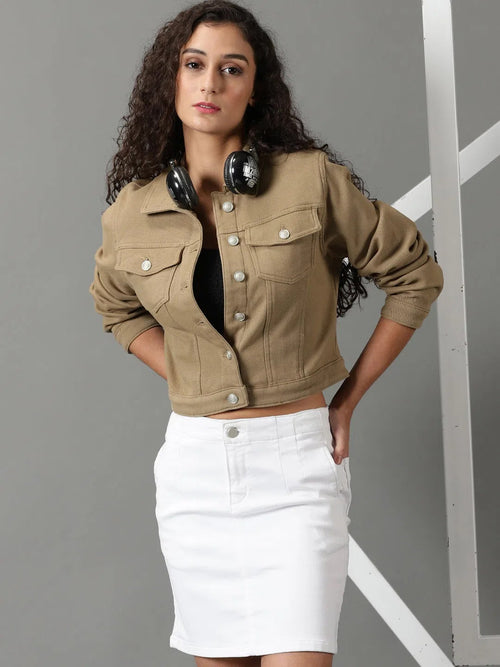 Women's Khaki Solid Denim Jacket-IM-10534-Khaki