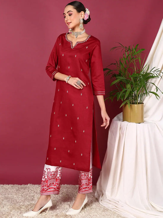 Ahika Women Red Silk Blend Embroidered Straight Kurta Pant Set