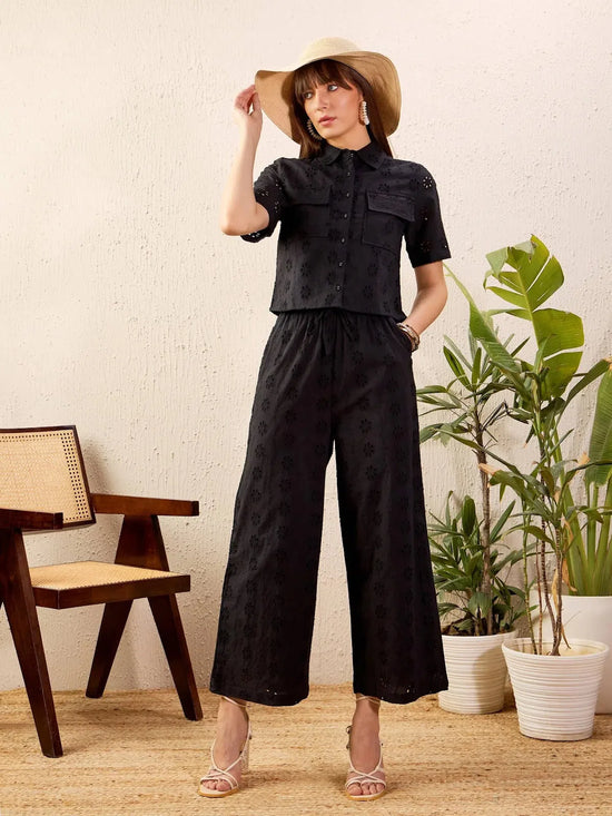 Women Black Schiffli Crop Shirt With Wide Leg Pants