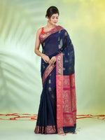 Navy Blue Cotton Saree With Nakshi Zari Borders-MA66BCT431050021