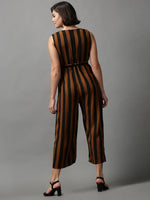 Women's Brown Striped Jumpsuit-AE-15647-Brown