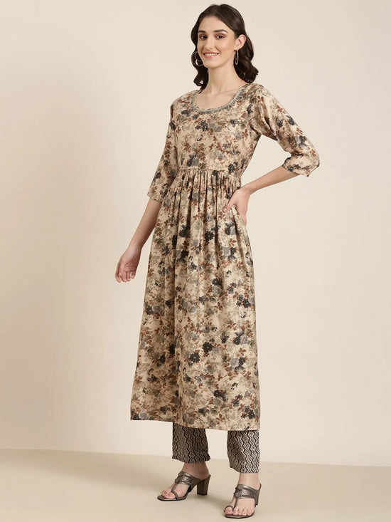 Women Beige Floral Kurta Set-SKC-1214-Beige