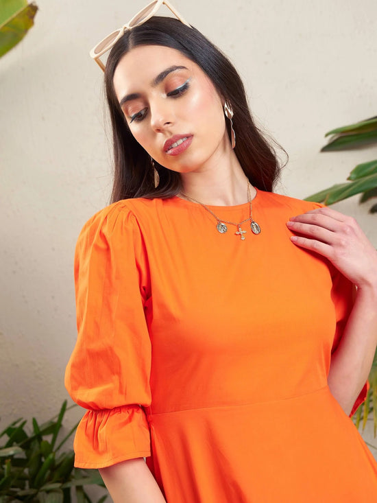 Women Orange Poplin Back Waist Cut-Out Short Dress