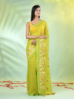 All Over Thread Floral Embroidery Lime Green Cotton Saree-MA62CT33610083