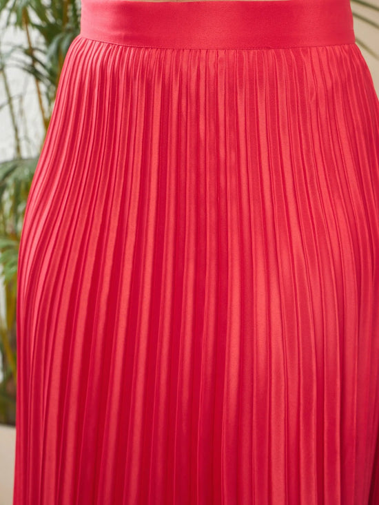 Women Red Satin Accordion Pleated Maxi Skirt