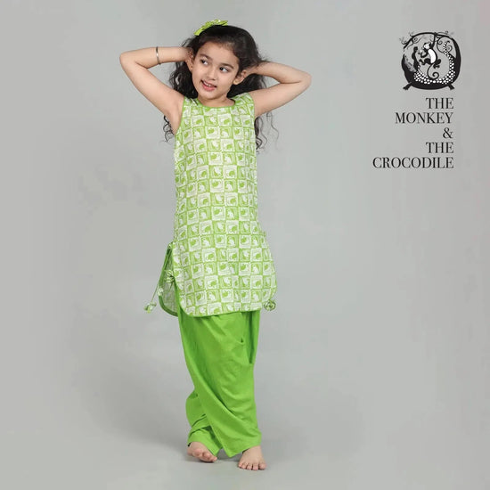 Cotton Patiala Suit Set For Girls with The Monkey & The Crocodile Print