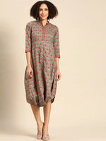 Front cowl mandarin collar Dress in Grey Print