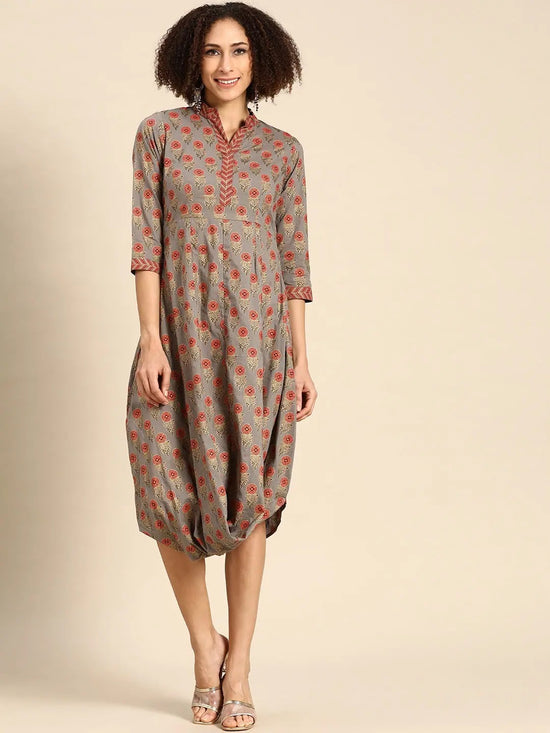 Front cowl mandarin collar Dress in Grey Print