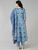 Ahika Women Blue Cotton Printed A-Line Kurta Pant Set With Dupatta