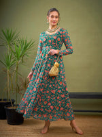 Women Teal Green Floral Anarkali Kurta