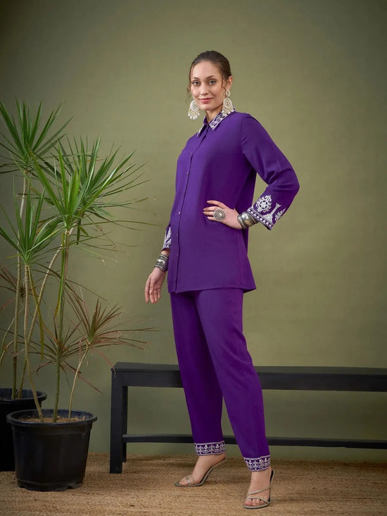 Women Purple Collar And Sleeve Embroidered Shirt With Palazzos