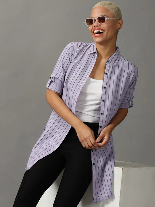 Women's Purple Striped Longline Shirt-AE-4149-Lavender