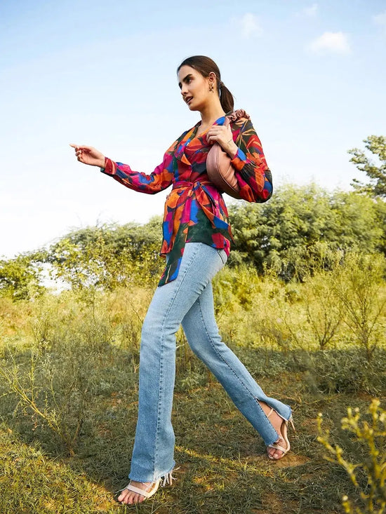 Double breasted Sheer blouse in Blue Color