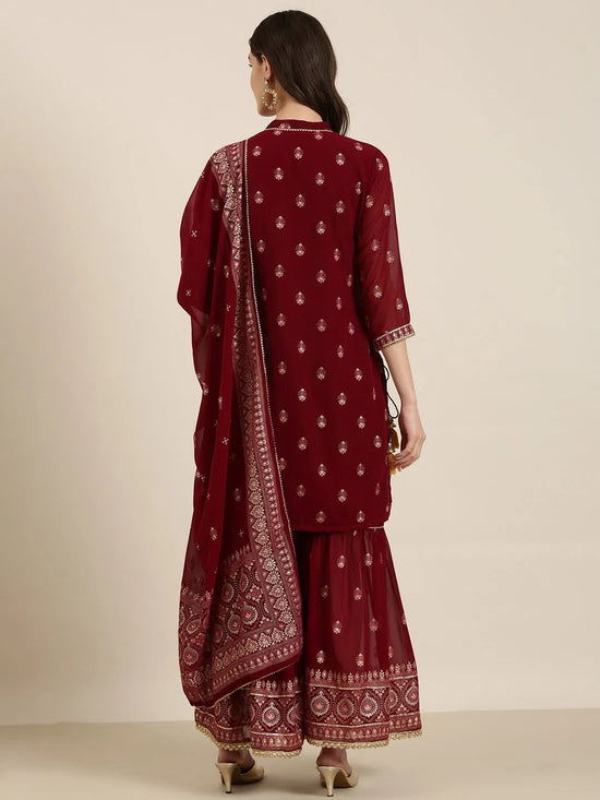 Women Maroon Floral Kurta Set-TF-156-Maroon