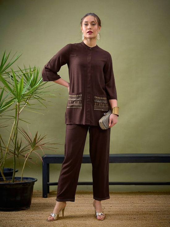 Women Brown Embroidered Pocket Shirt With Palazzos