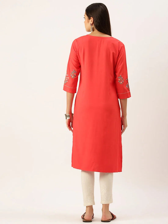 Women's Red Solid Straight Kurta-DF-1208-Red