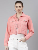 Women Coral Solid Denim Jacket-GZ-5599-Coral