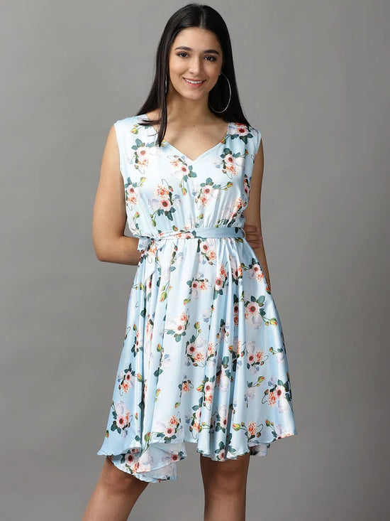 Women's Blue Floral Fit and Flare Dress-AE-15676-Blue