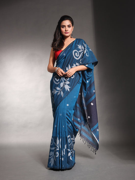 Teal Blue Pure Cotton Soft Saree With Nakshi Designs-MA54CT041380004