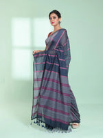 Dark Grey Patli Pallu Cotton Saree With Stripes Design-MA59CT06540017