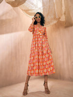 Women Orange Ikat Neck Gathered Belted Midi Dress