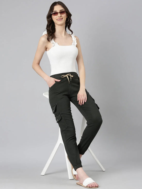 Women Olive Solid Regular Fit Denim Jeans-GZ-CARGO-Olive