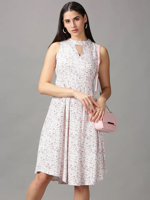 Women's White Floral Fit and Flare Dress-AE-15707-White