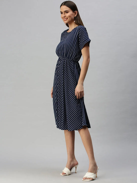 Women Navy Blue Striped A-Line Dress-AE-9873-Navybluewhite