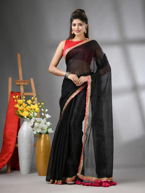 Black Shimmer Tissue Saree With Gota Patti Borders-MA62TIS33990015