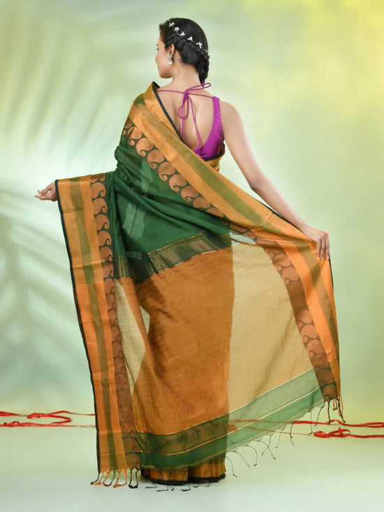 Green Cotton Saree With Zari Borders-MA66BCT43620064